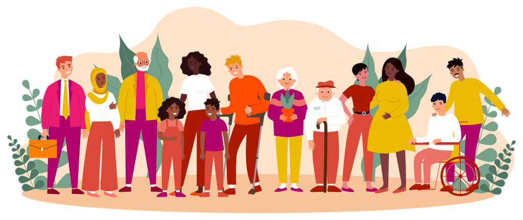 Illustration aux couleurs de la PRDS qui illustre plusieurs personages de nationalités différentes, certains avec handicape, qui illustre l'amélioration des conditions de vie et réduire les inégalités sociales