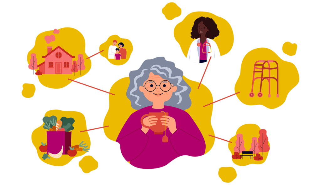 Illustration aux couleurs de la PRDS qui illustre une personnes âgée au centre de tous les besoins et services qu'elle peut avoir besoin, afin de démontrer une approche intégrée et transversale. La personne âgée est entourée de son épicerie, d'un parc, de sa marchette, d'une infirmière et de sa maison